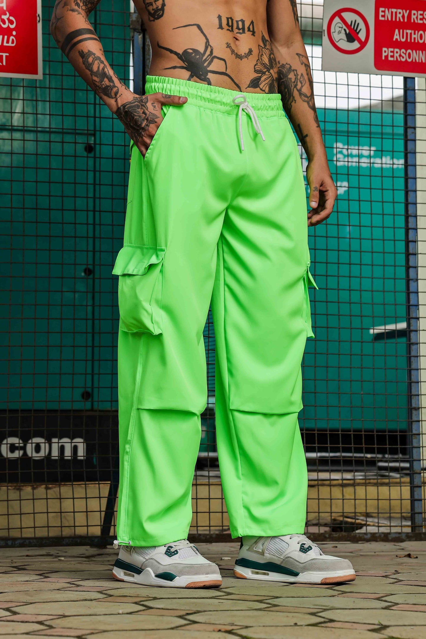 Unisex Baggy Fit Neon Green Parachute Cargo Trousers
