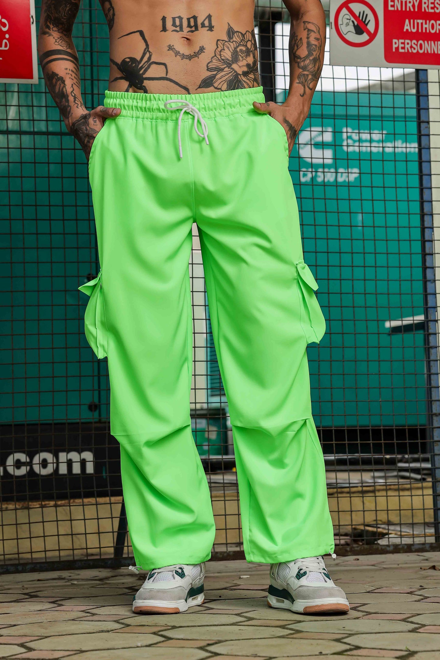Unisex Baggy Fit Neon Green Parachute Cargo Trousers