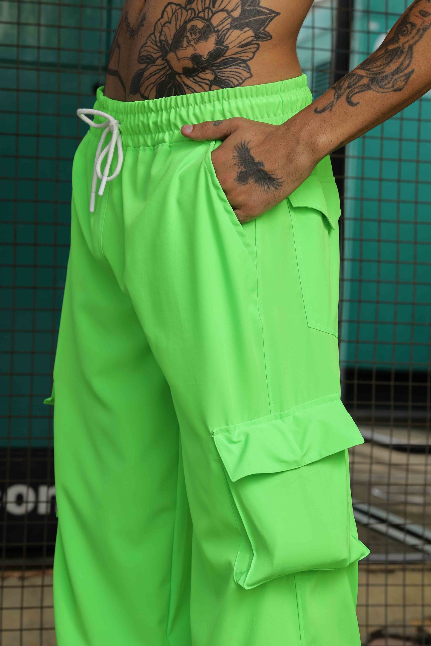 Unisex Baggy Fit Neon Green Parachute Cargo Trousers