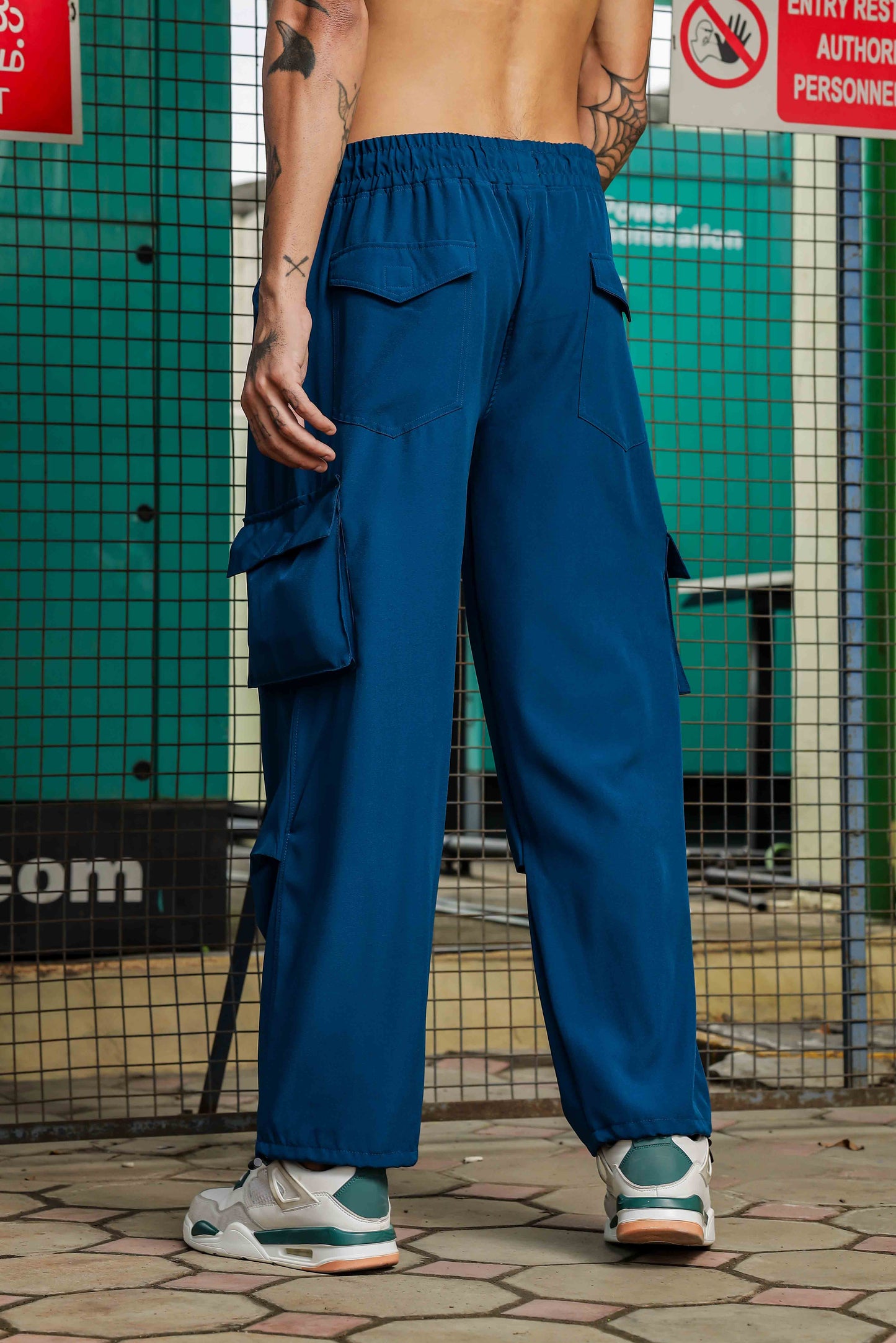 Unisex Baggy Fit Blue Parachute Cargo Trousers