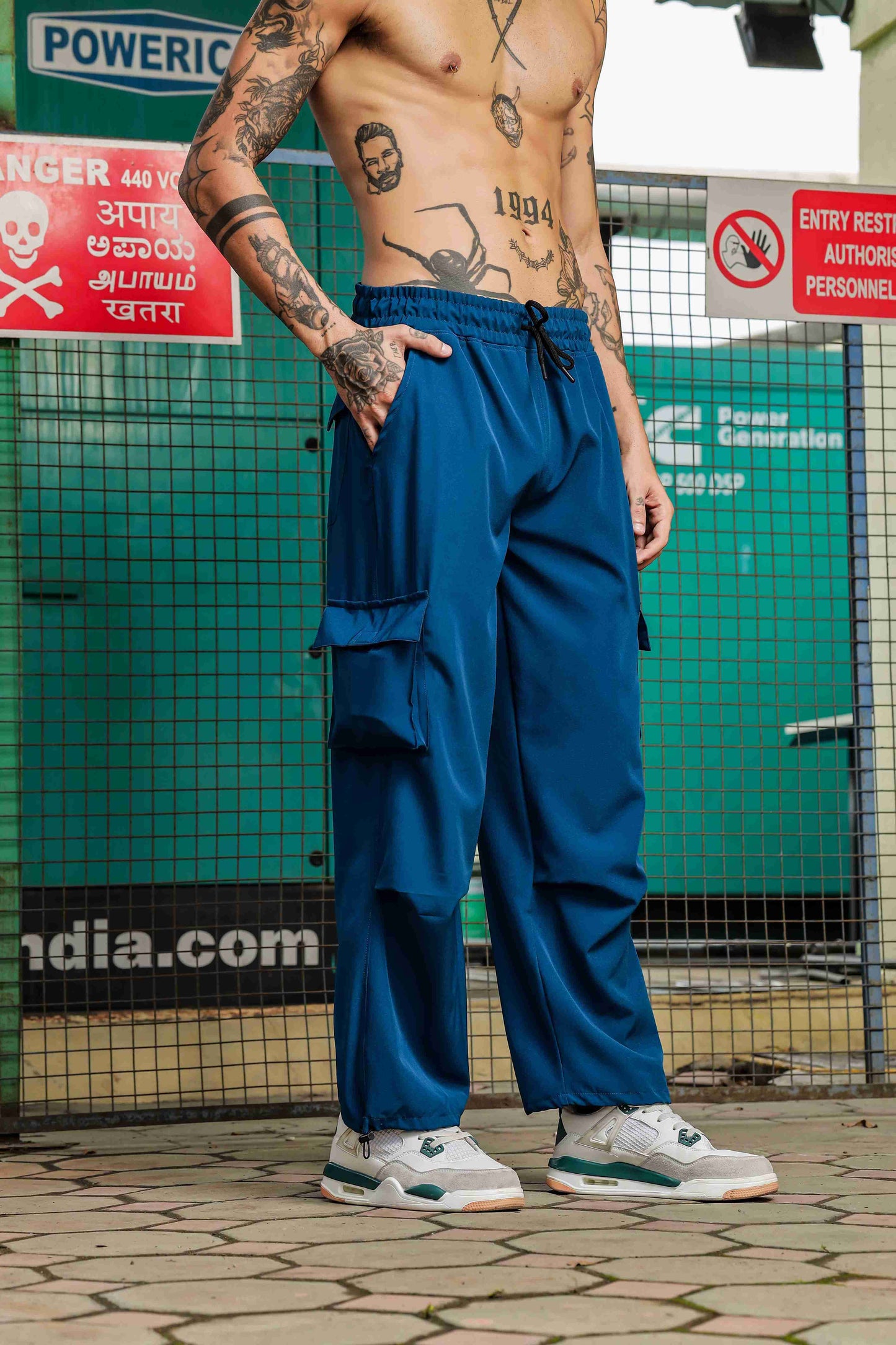 Unisex Baggy Fit Blue Parachute Cargo Trousers