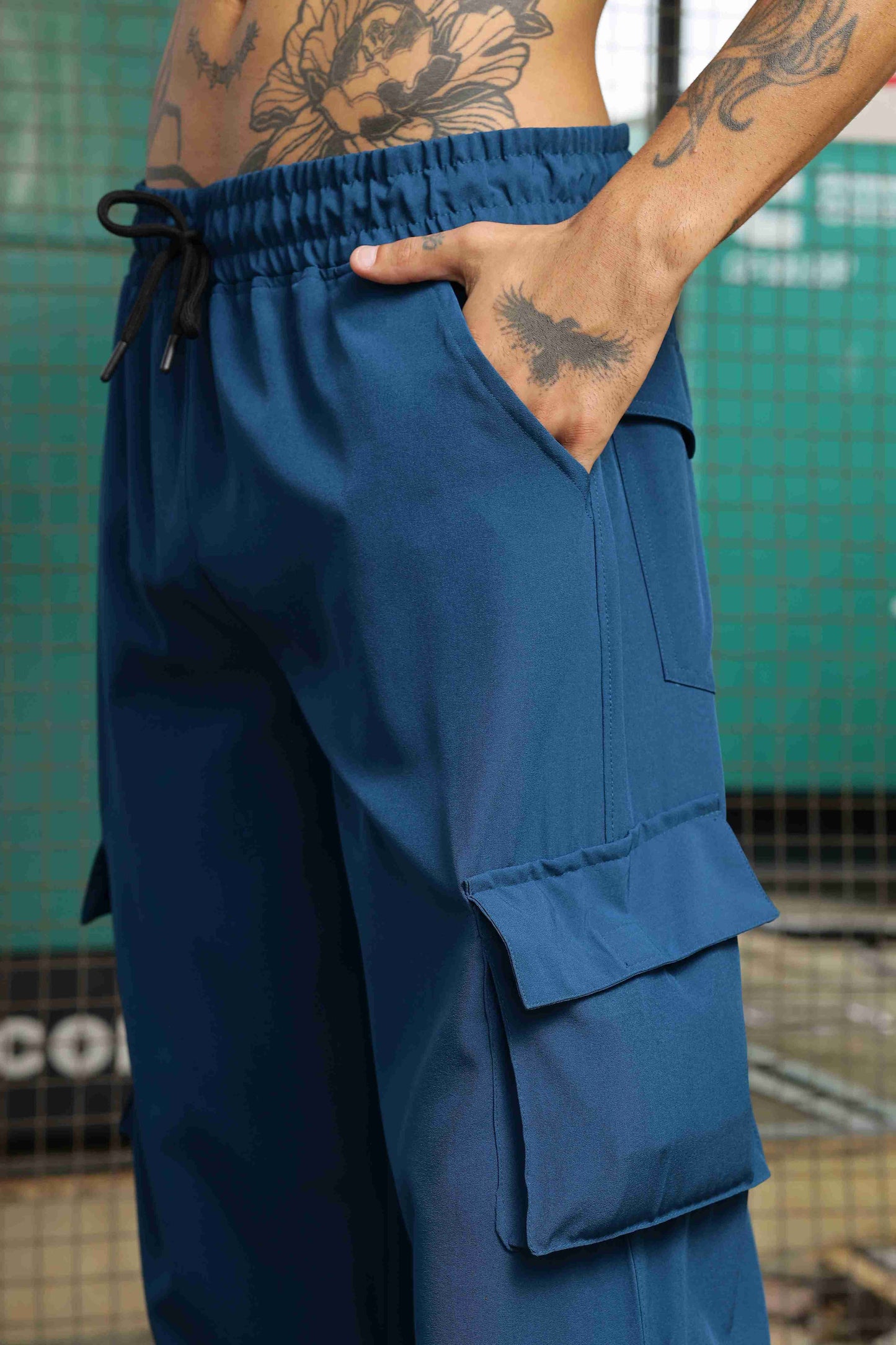 Unisex Baggy Fit Blue Parachute Cargo Trousers