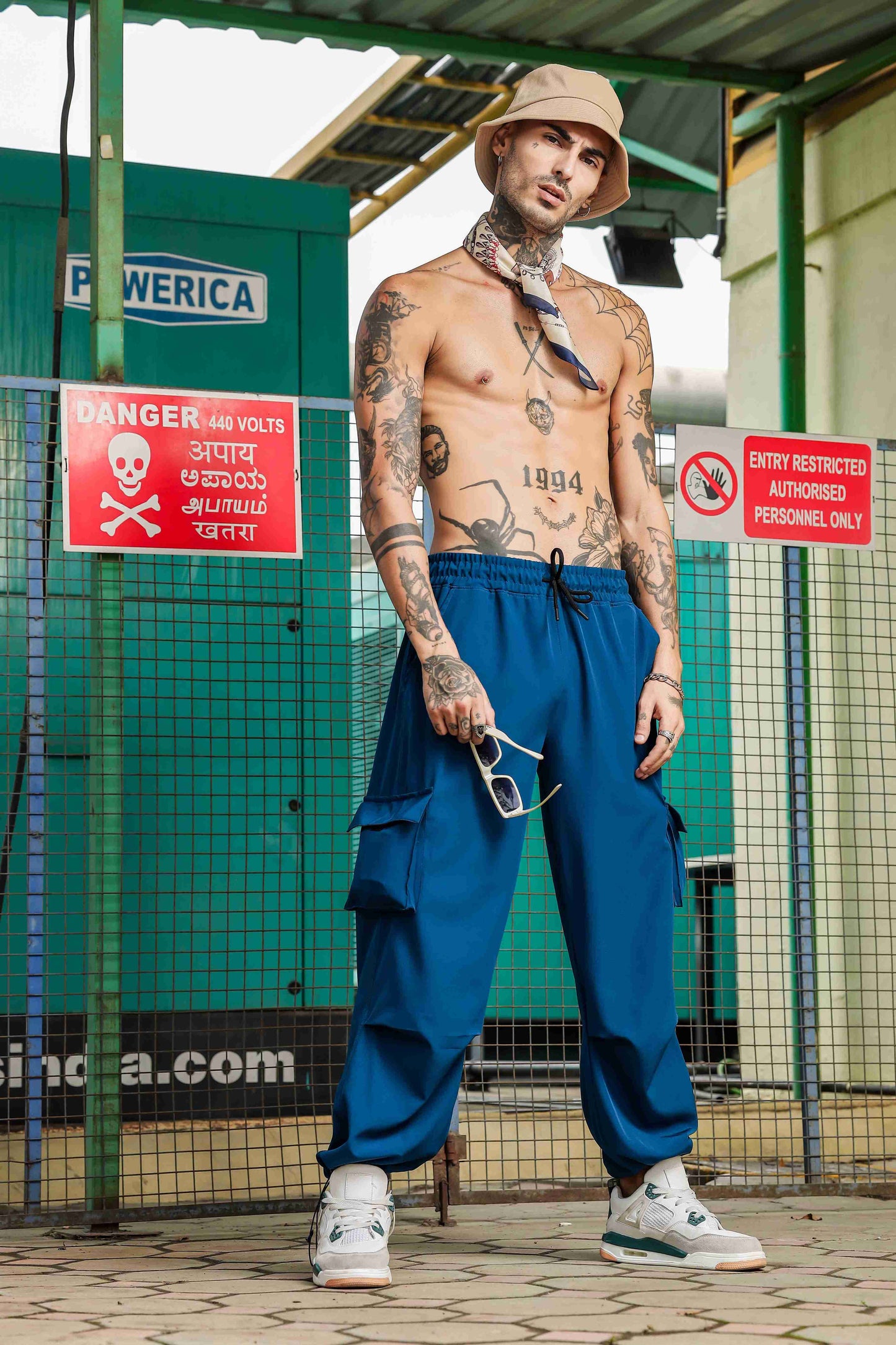 Unisex Baggy Fit Blue Parachute Cargo Trousers