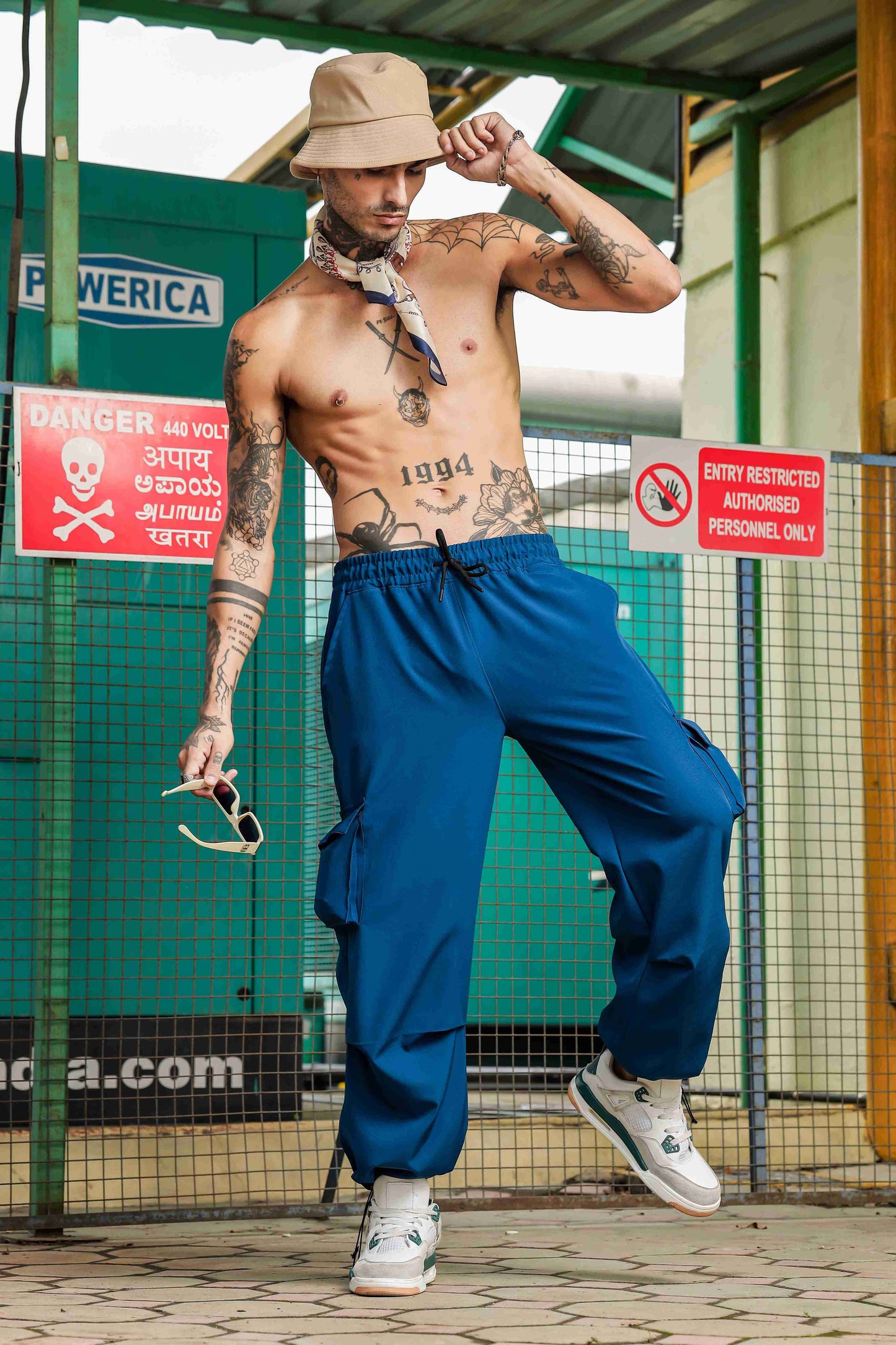 Unisex Baggy Fit Blue Parachute Cargo Trousers