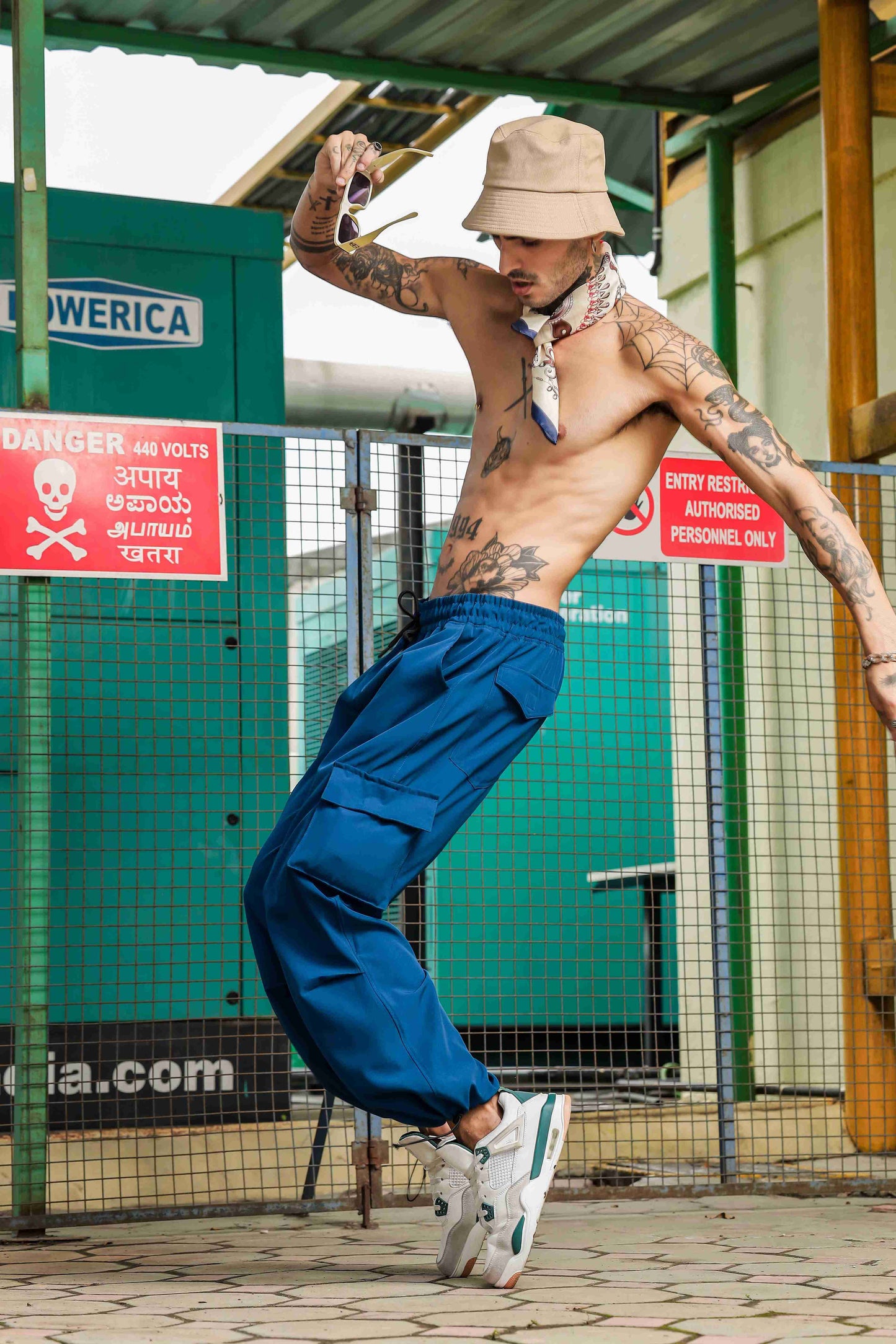 Unisex Baggy Fit Blue Parachute Cargo Trousers