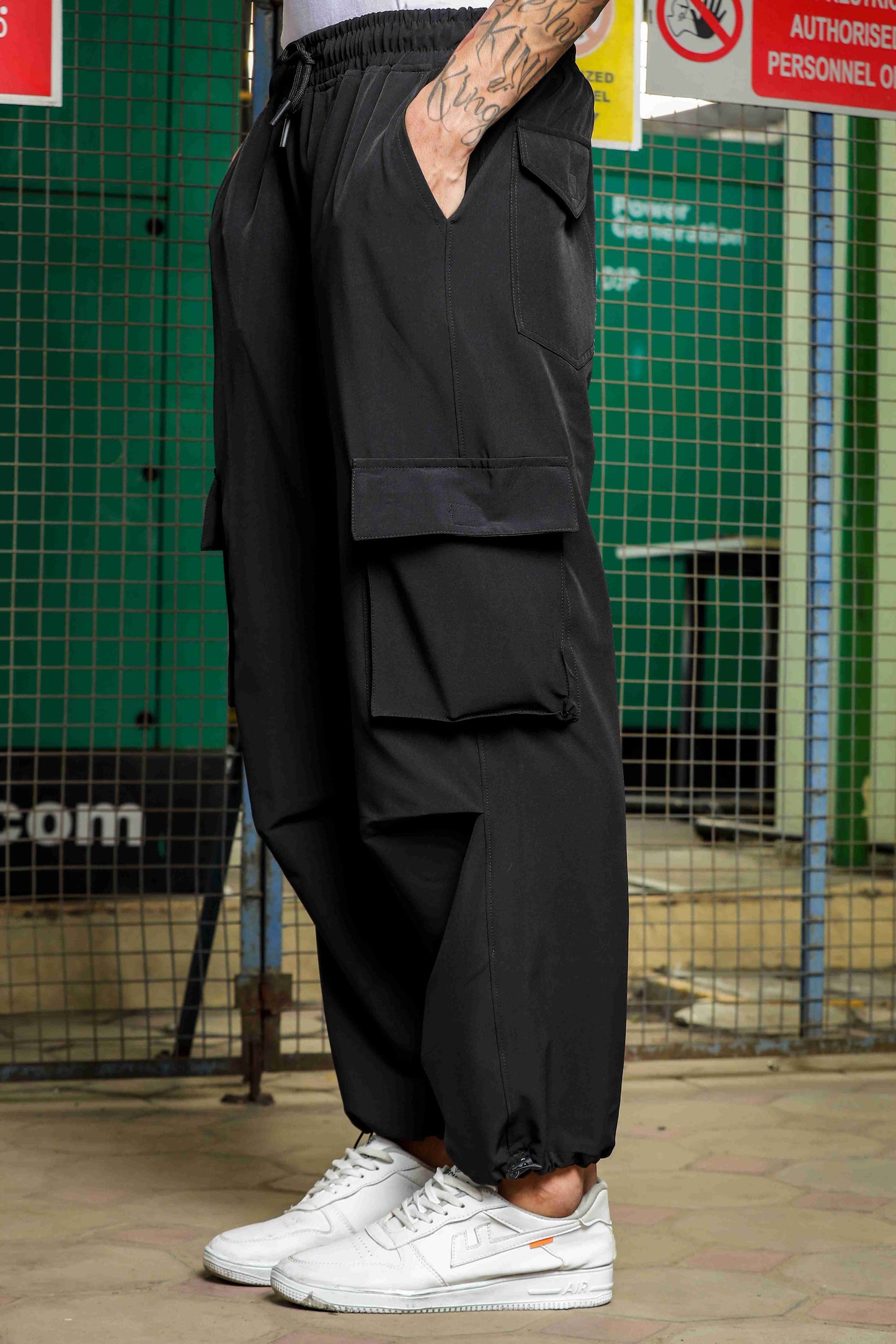 Unisex Black Baggy Fit Parachute Cargo Trousers
