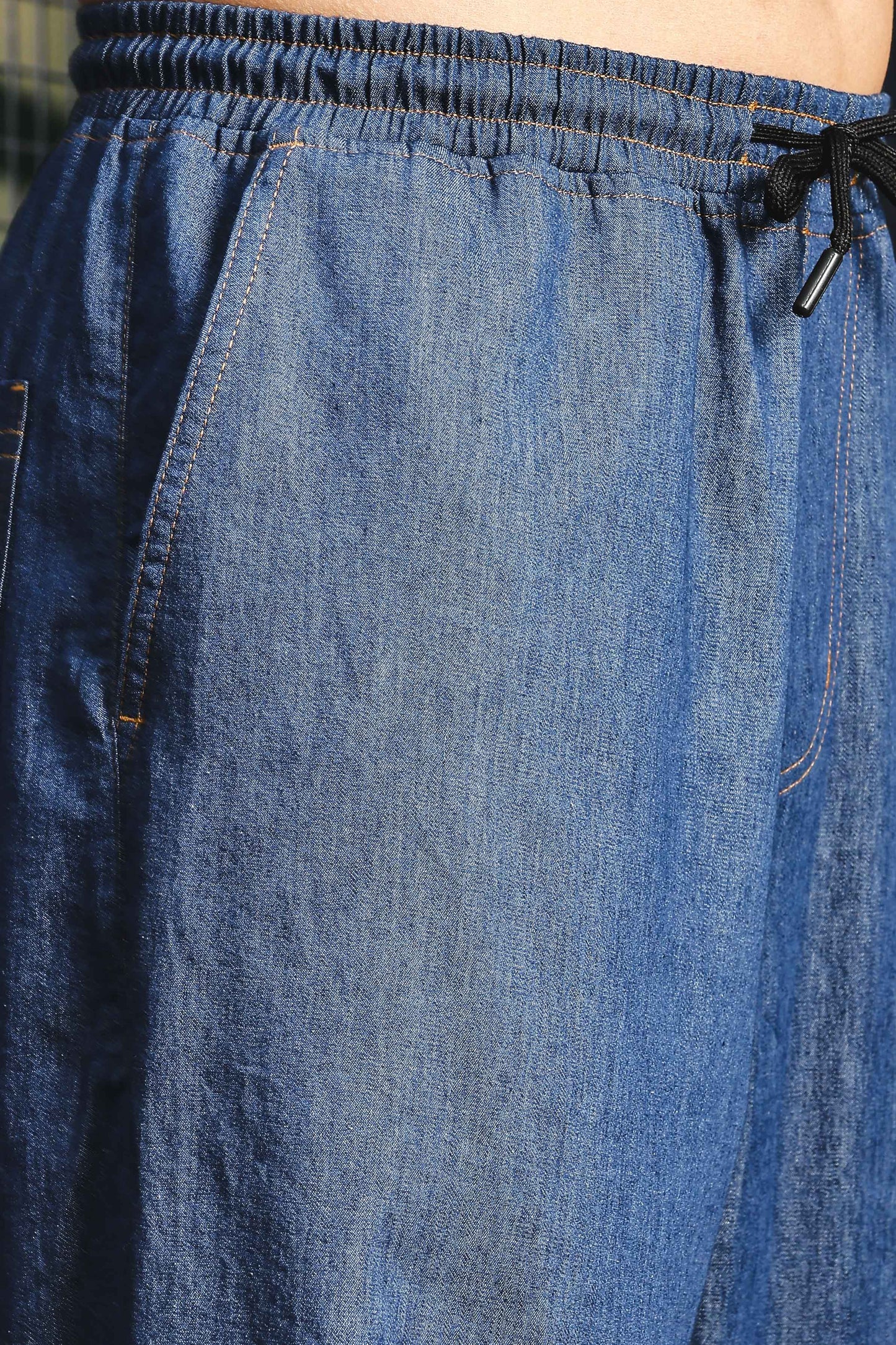Unisex Blue Relaxed Fit Drawstring Denim Parachute Cargo