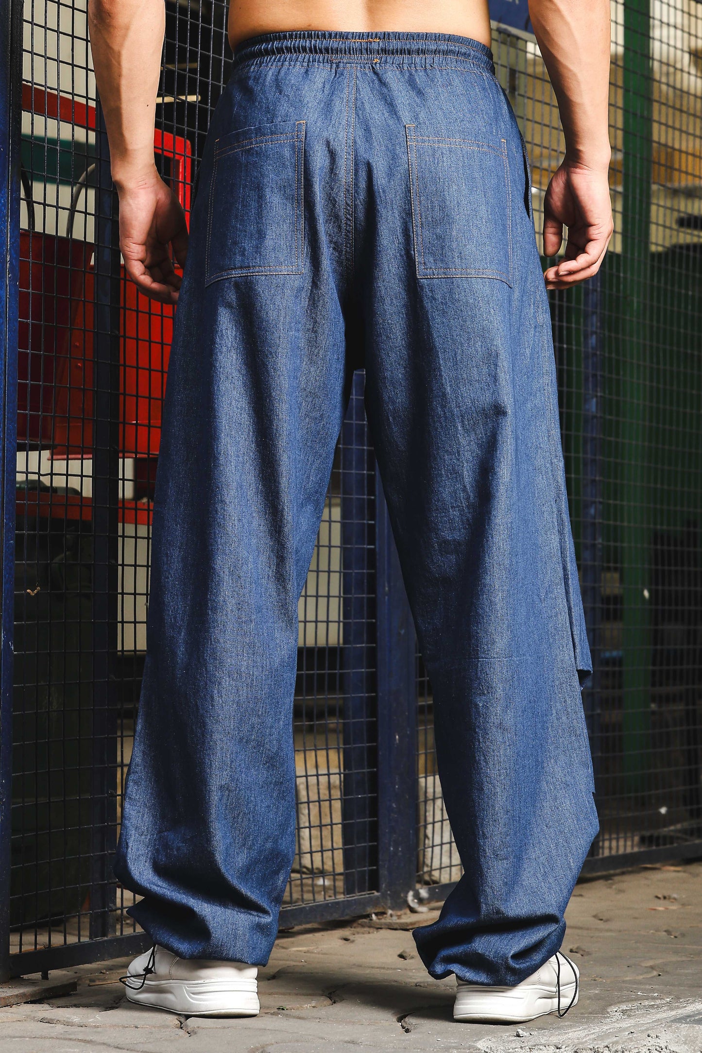 Unisex Blue Relaxed Fit Drawstring Denim Parachute Cargo