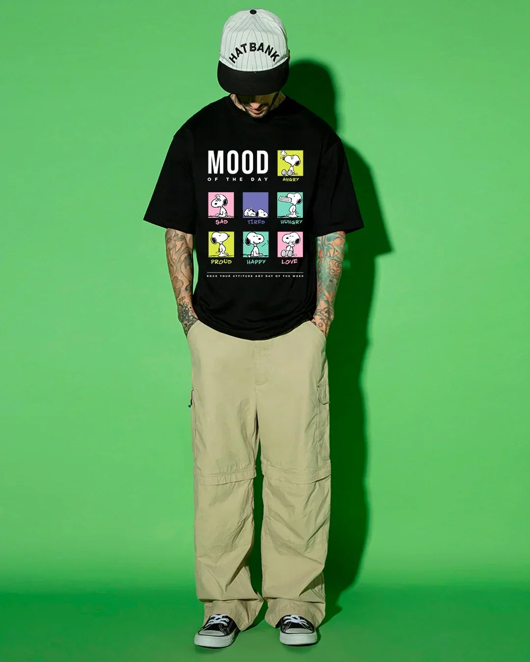 Men's Black Snoopy Mood Graphic Printed Oversized T-shirt