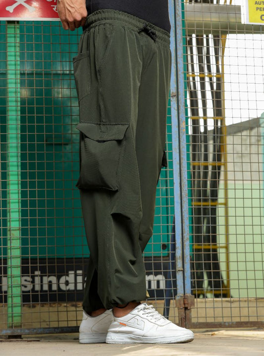 Unisex Baggy Fit Olive Parachute Cargo Trousers