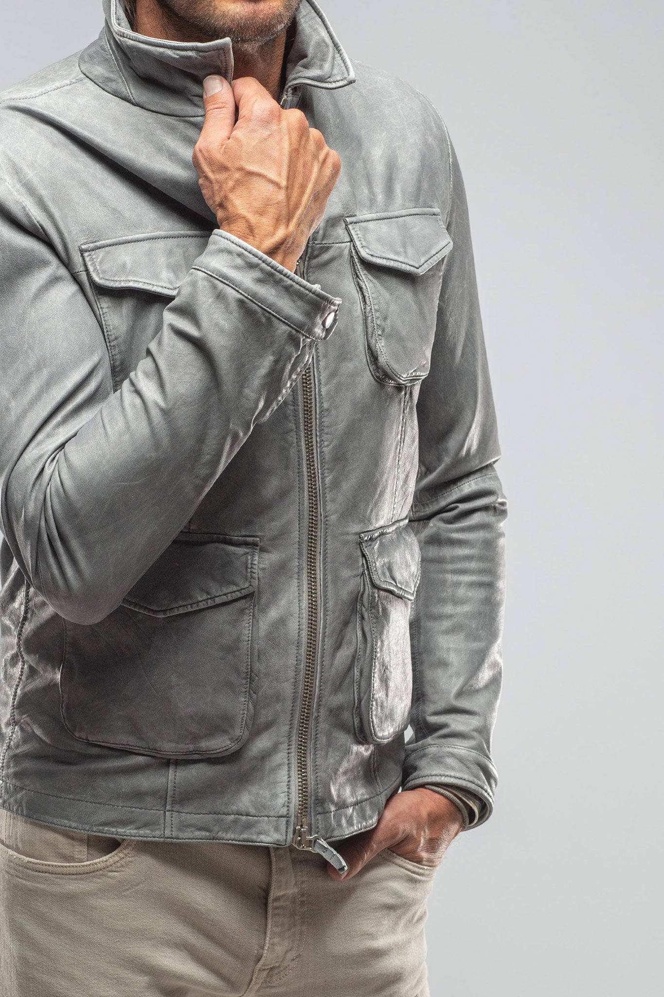 Welgos Leather Jacket In Grey