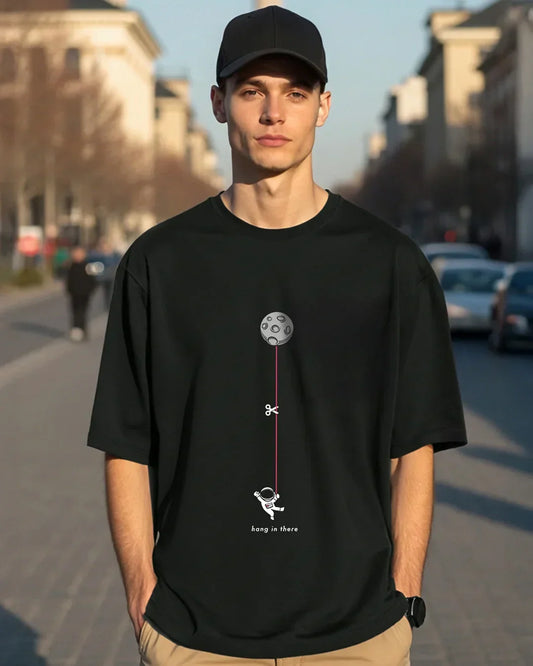 Men's Black Hangin Astronaut Graphic Printed Oversized T-shirt